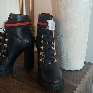 Black Faux Leather Heeled Combat Boots